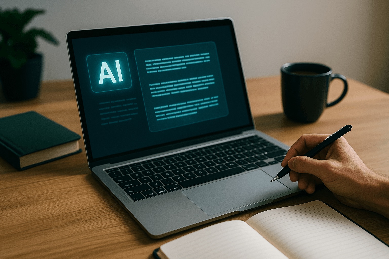 Laptop Schreibtisch Kaffeetasse AI