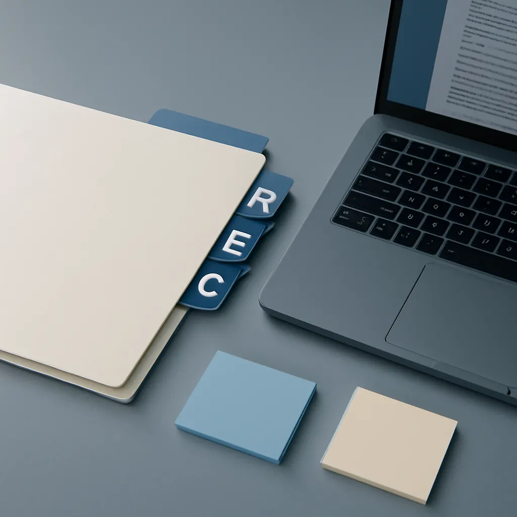 editorial photo of a legal filing desk with SEC-branded folder tabs, sticky notes, and a laptop showing document pages,
