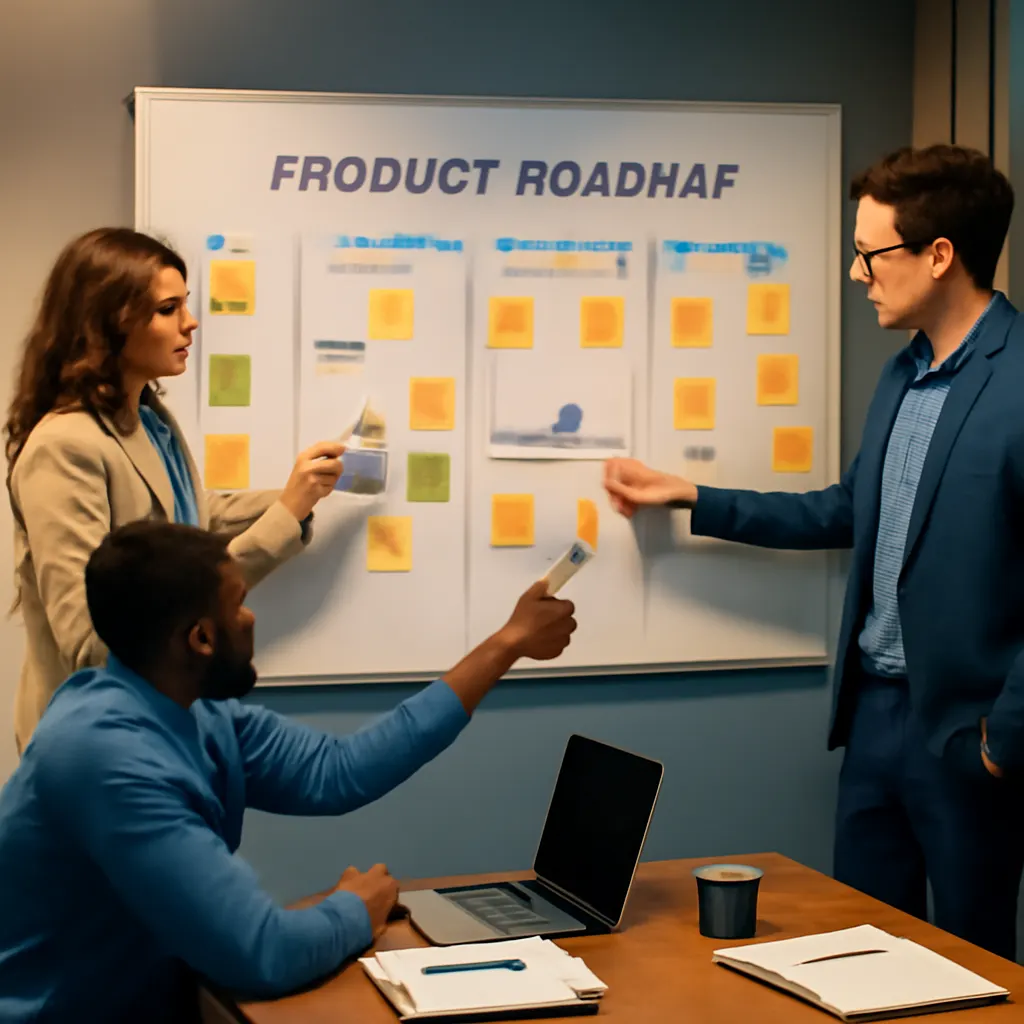 photograph of a conference room with a product roadmap board, sticky notes, and team members pointing at charts, warm in