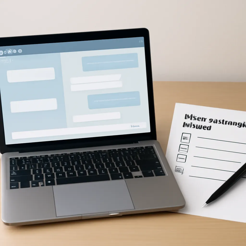 photograph of a laptop with a chat interface concept and a checklist on paper labeled “Voraussetzungen prüfen”