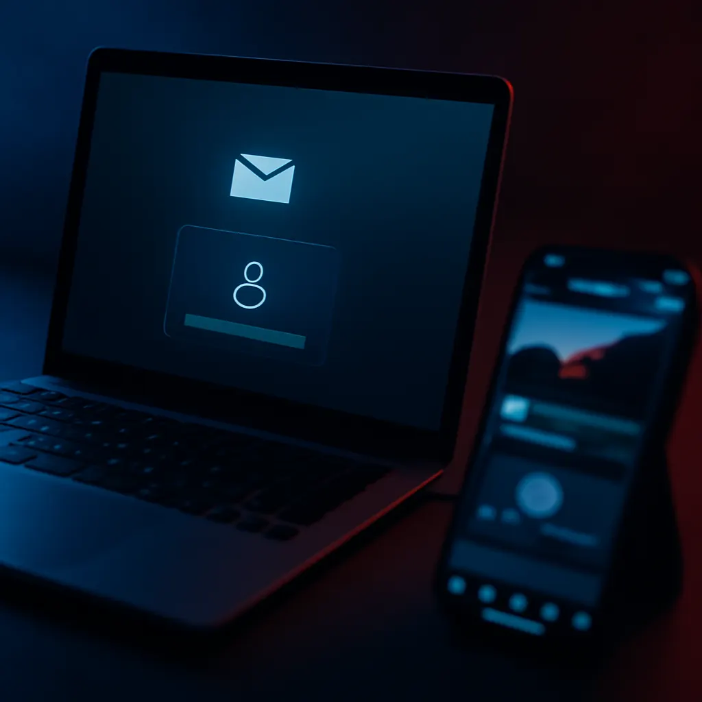 photograph of a laptop showing generic email and security reset prompts (no readable text), with a blurred smartphone di