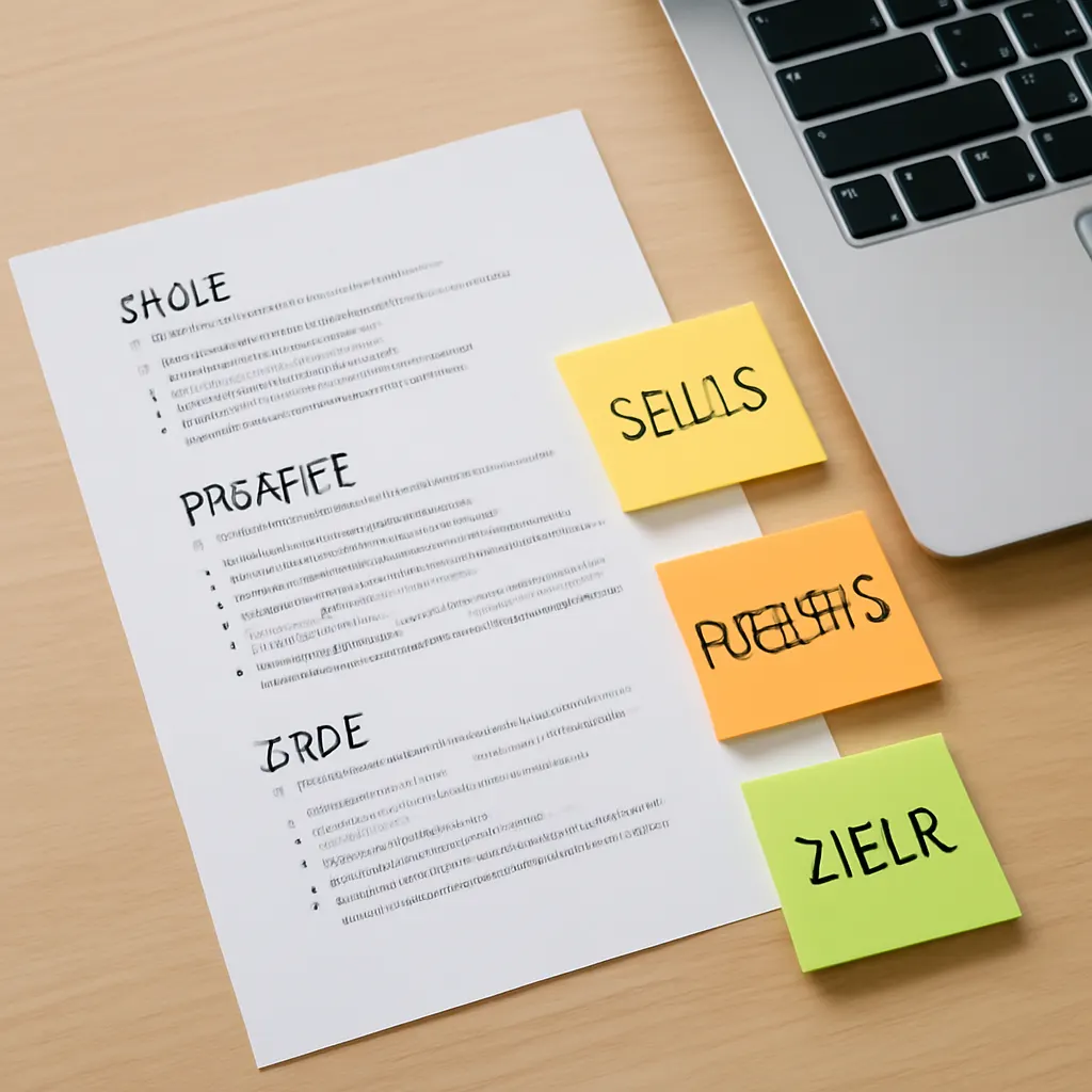 photograph of printed resume sections on a desk with sticky notes “Skills”, “Projekte”, “Ziele” beside an open laptop