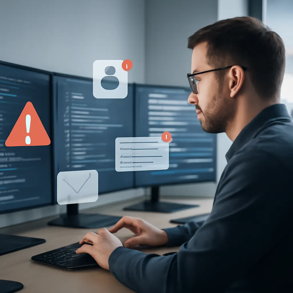 editorial photo of a security engineer reviewing logs on a multi-monitor workstation, notification icons and email threa