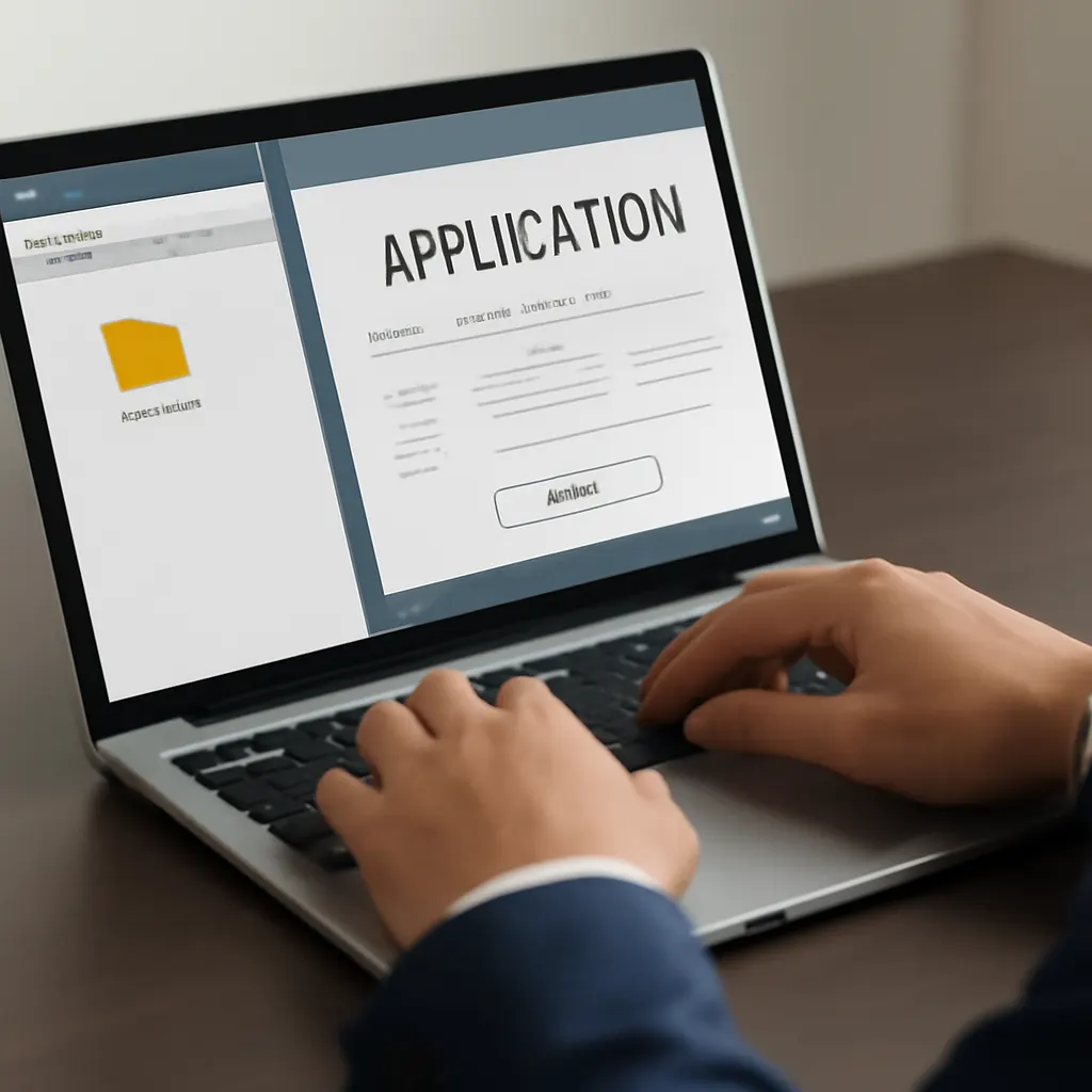 photo of a person submitting an application on a laptop, with a download folder open in the background, professional and