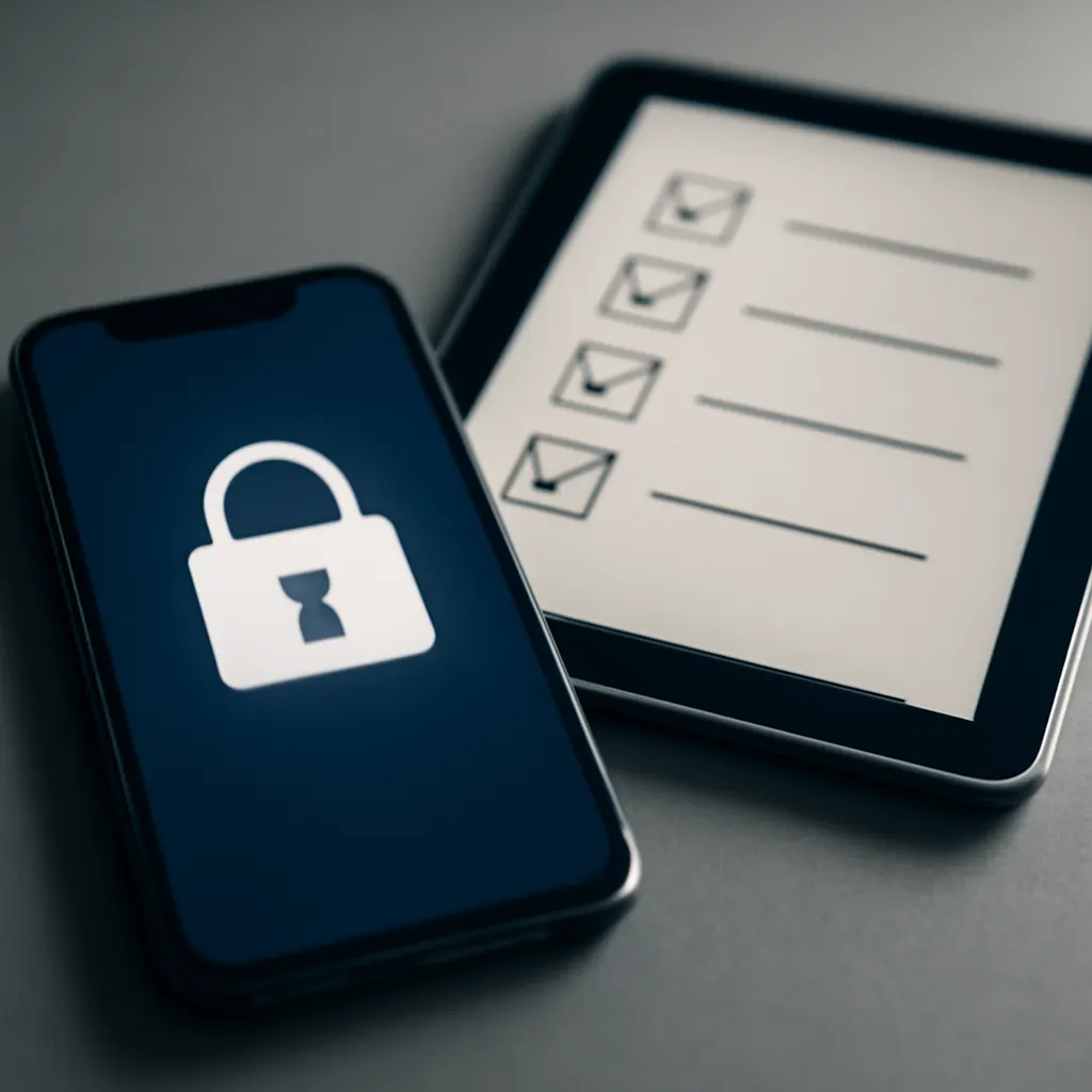 photograph of a smartphone with a lock icon and a checklist on a tablet beside it, cybersecurity theme, shallow depth of