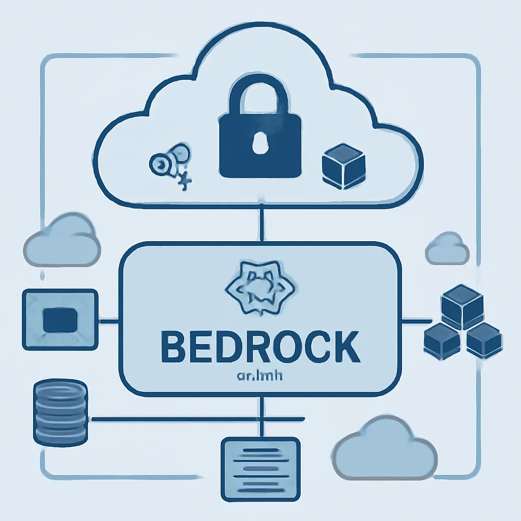 Foto einer sicheren Cloud-Architektur mit zentralem „Bedrock“-Inference-Gateway, blau-graue Enterprise-Farben, professio