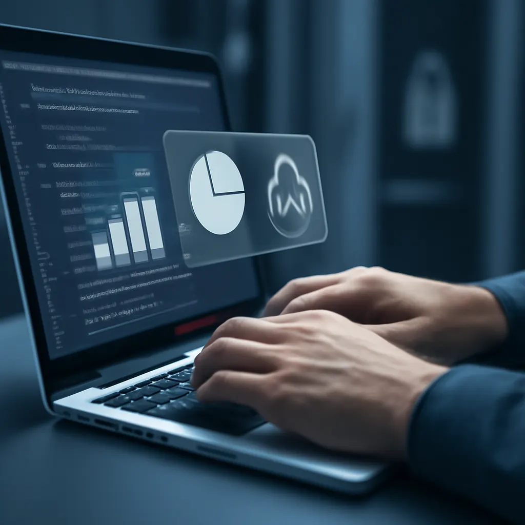 Nahaufnahme von Entwicklerhänden an einem Laptop mit Diagramm-Icons im UI, Hintergrund unscharf, dezente Blue-Grey-Farbp