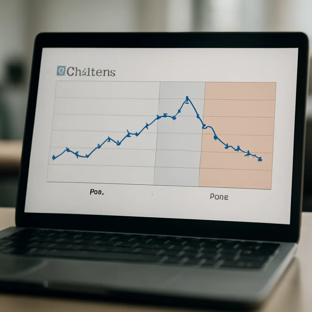 Close-up of a laptop screen showing a citation trend chart with highlighted pre- and post-change windows, office lightin
