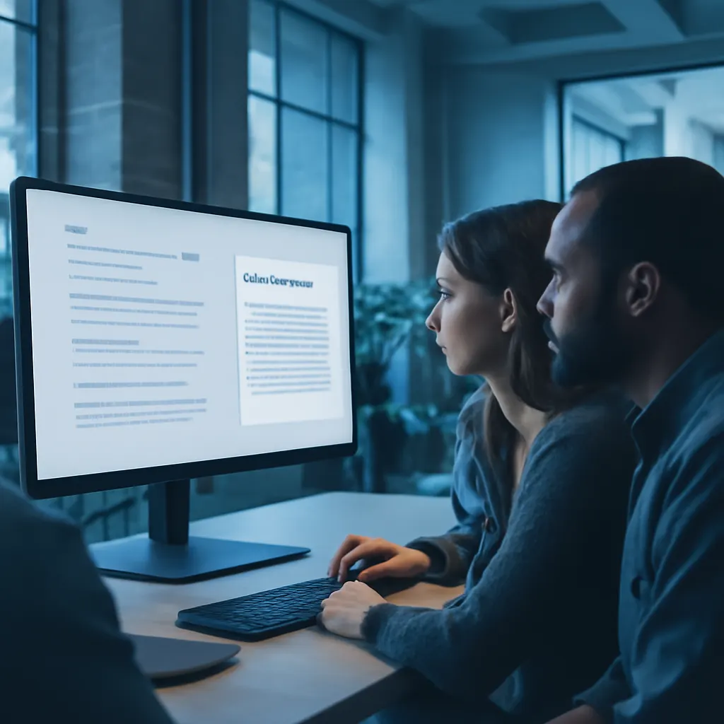 Team sitzt vor Monitor mit SERP-Screenshots, Links verblassen, daneben erscheint eine AI-Antwortkarte, modernes Büro, ge