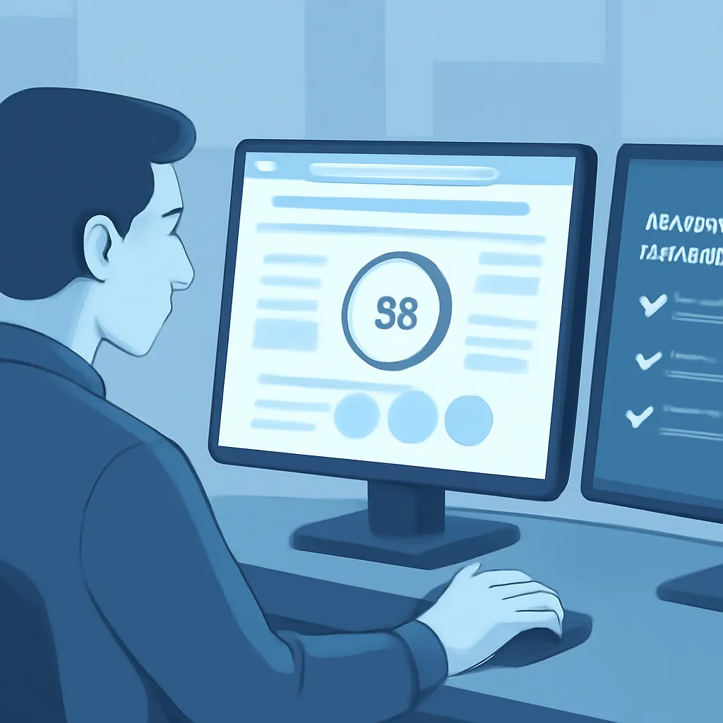 Team member running a Lighthouse-like audit on a browser, second monitor with agent readiness checklist, cool blue tones