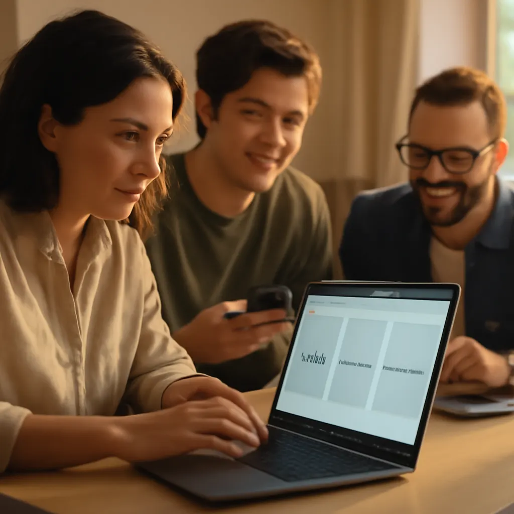 Inhaltsteams erstellen Beiträge für mehrere Plattformen, Laptop mit Browser-Tabs „SERP“, „Community“, „Partner“, warmes