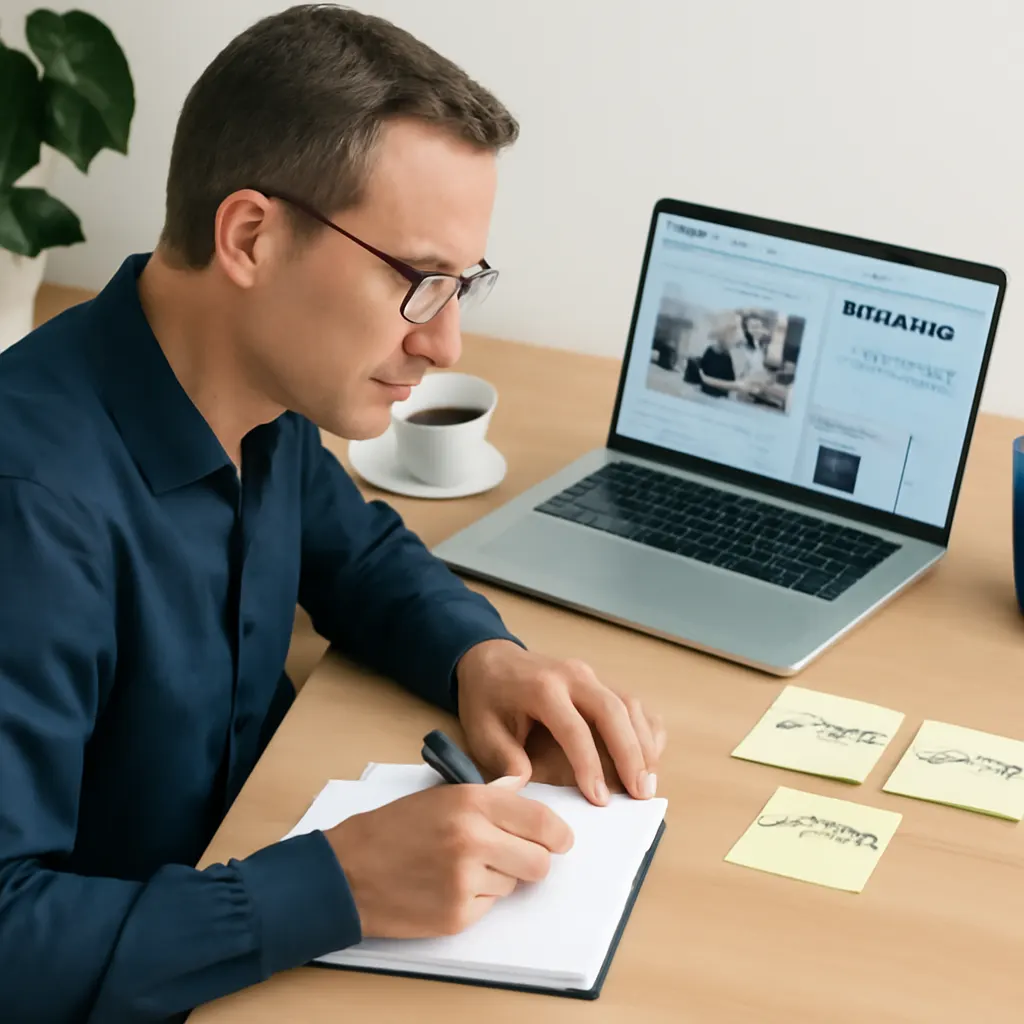 Redakteur arbeitet mit Presse- und Partner-Assets, Notizen „Distribution“, „Positionierung“, „Dritte“, aufgeräumter Arbe