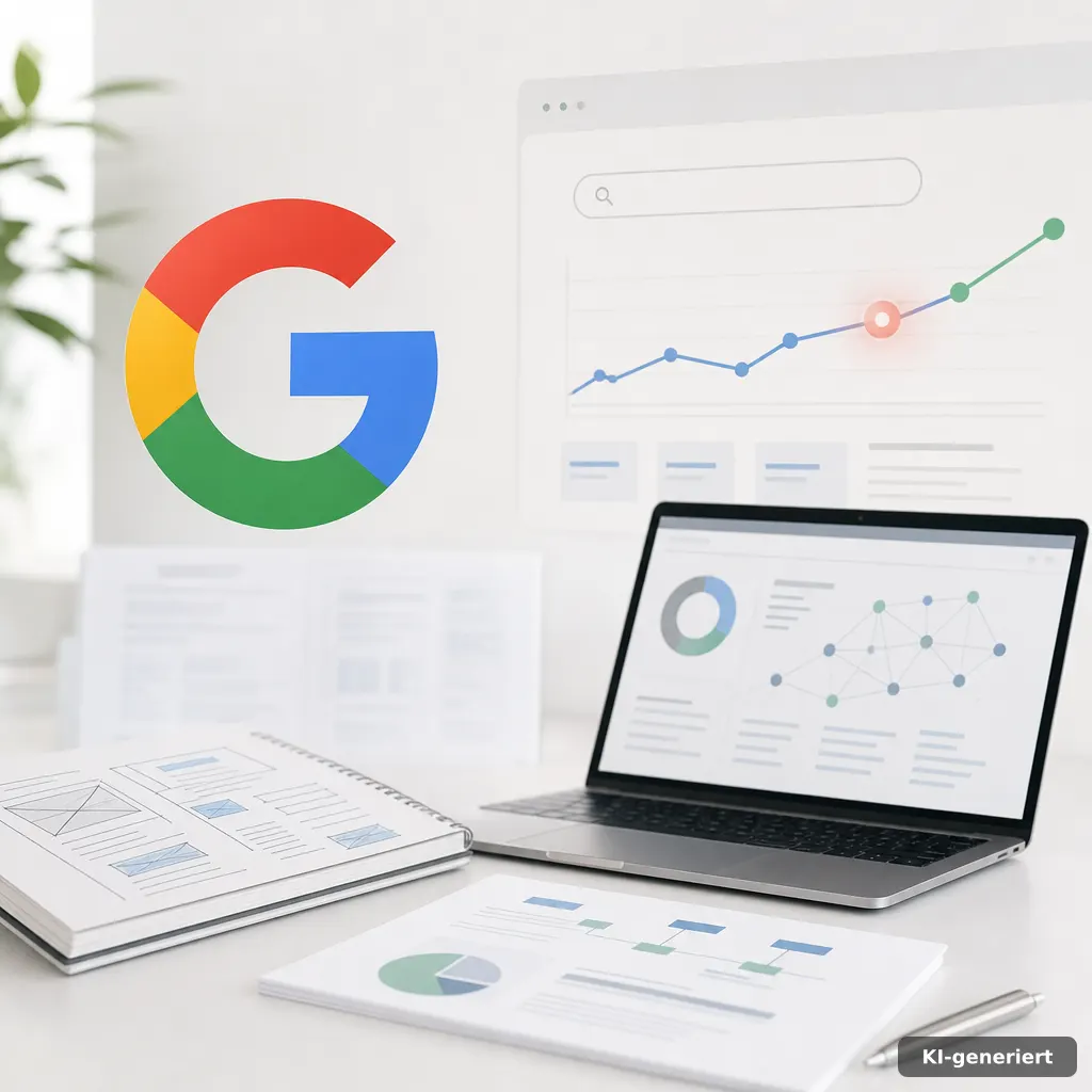 Google Core Update Strategie: Suchintention erkennen und Inhalte verbessern am Schreibtisch mit Lupe und Karten