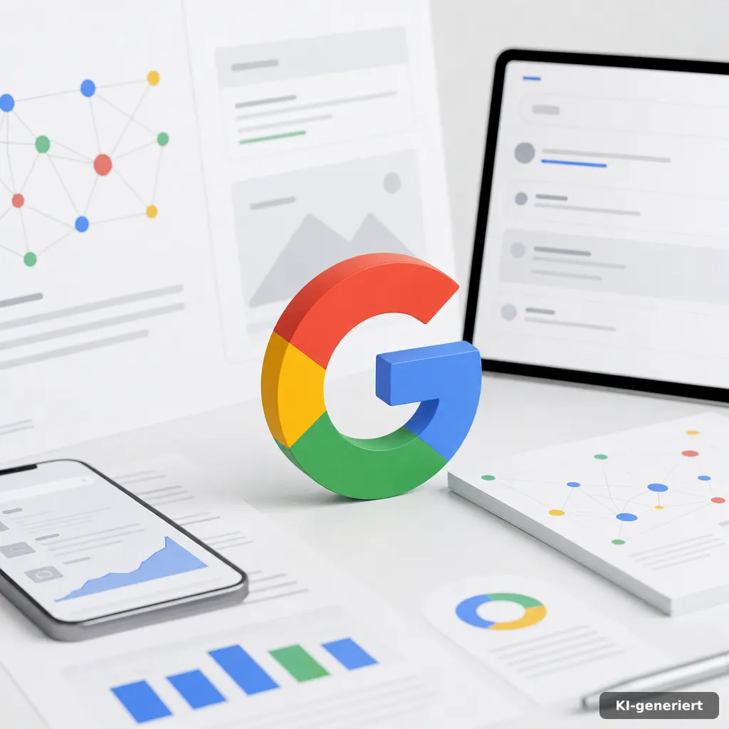 Strategieboard für google search profiles Sichtbarkeit in Suche und Maps, mit abstrakten Datenkacheln