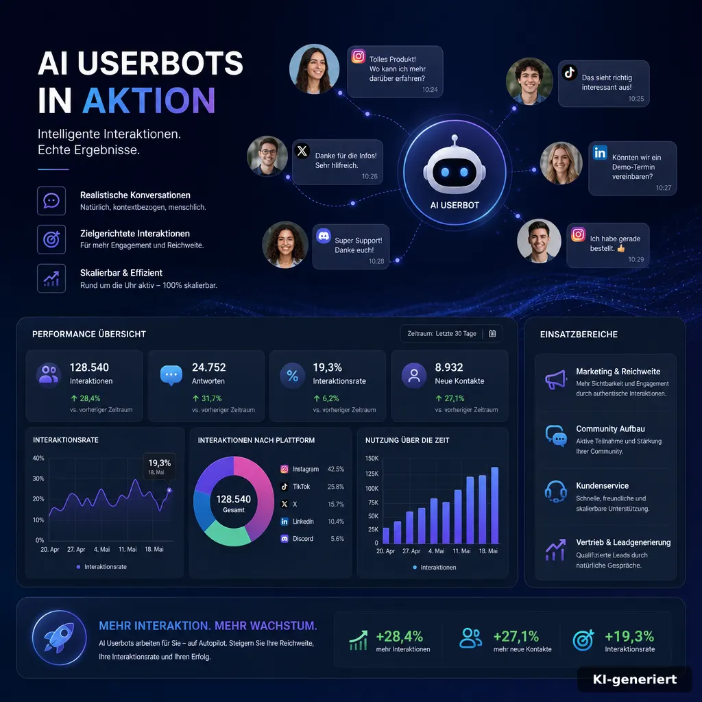 Visualisierung von AI Userbots, die Interaktionen mit Nutzern zeigen, inklusive Statistiken zur Nutzung.