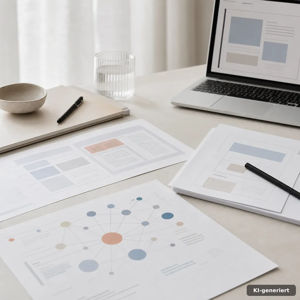 Brand Voice Copywriting Workflow mit Voice-Guide, Stempel und geordneten Seiten, moderne B2B-Editorial-Ästhetik