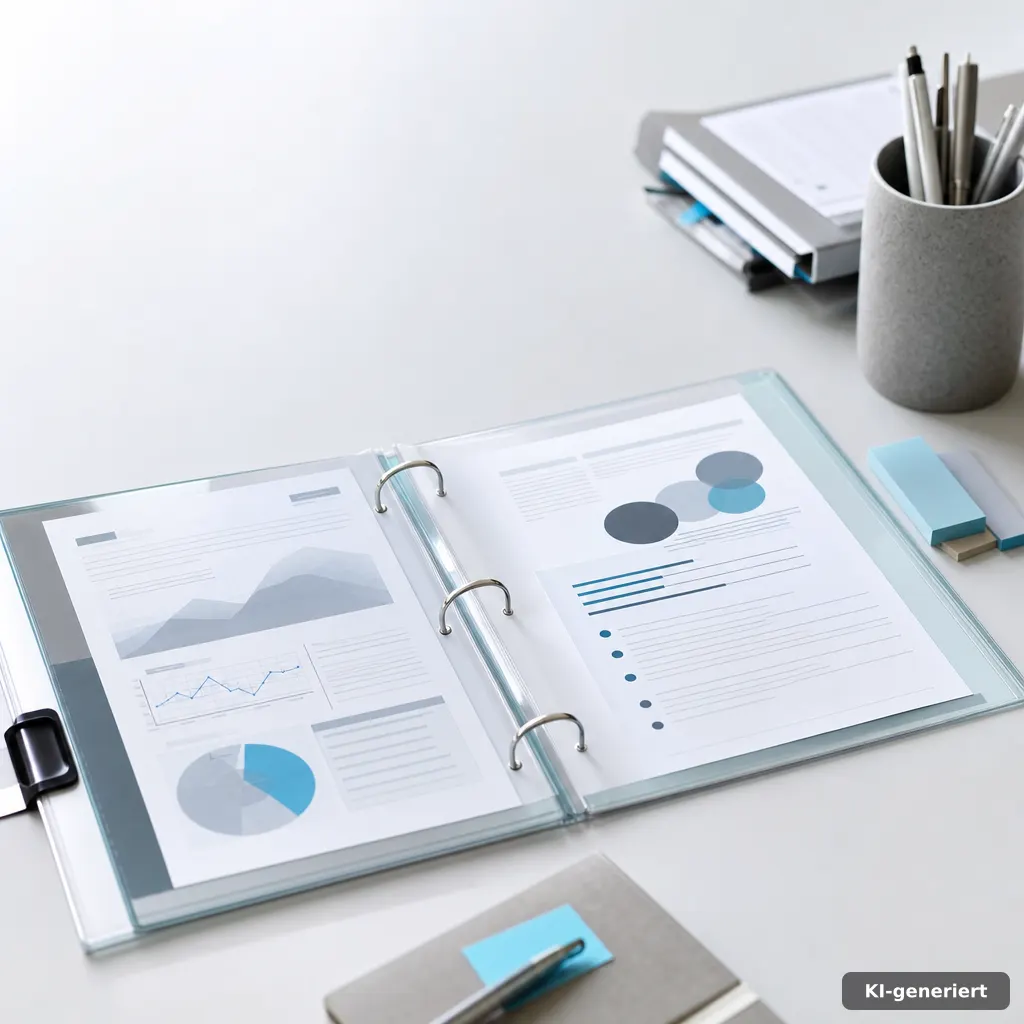photograph of a desk with an open glass binder, abstract ruled pages and colorful note markers, modern B2B editorial sty