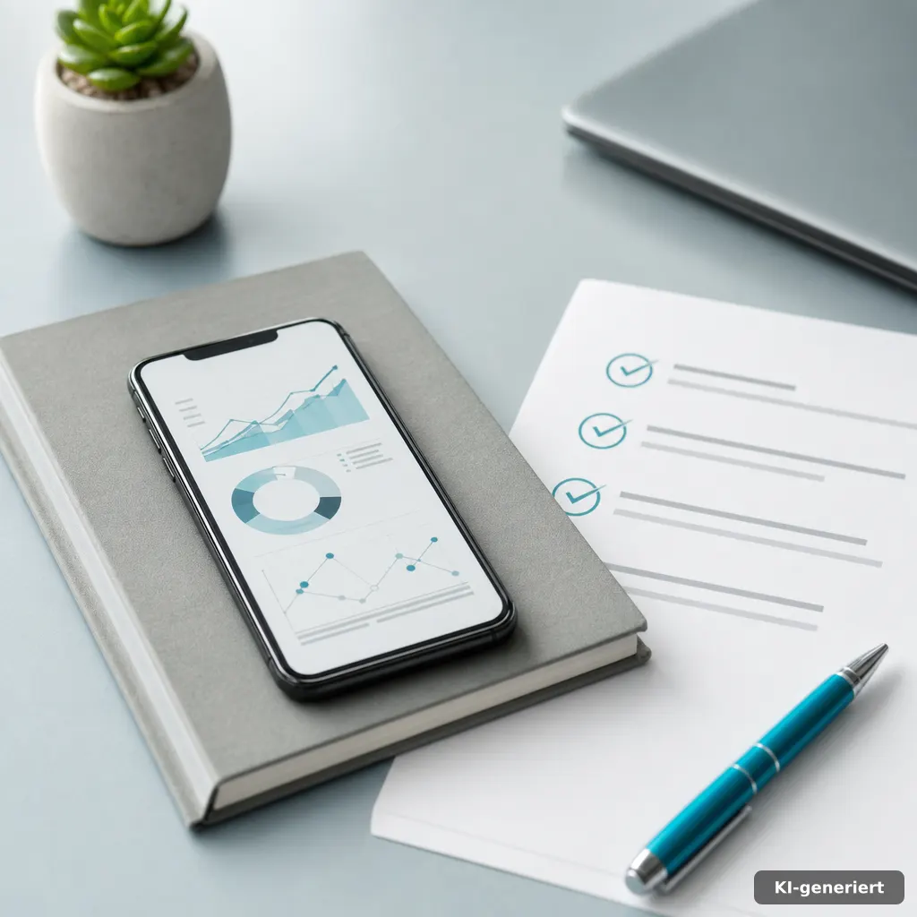 editorial photo of a smartphone on a notebook beside a checklist with abstract check marks, modern B2B desk setup, muted