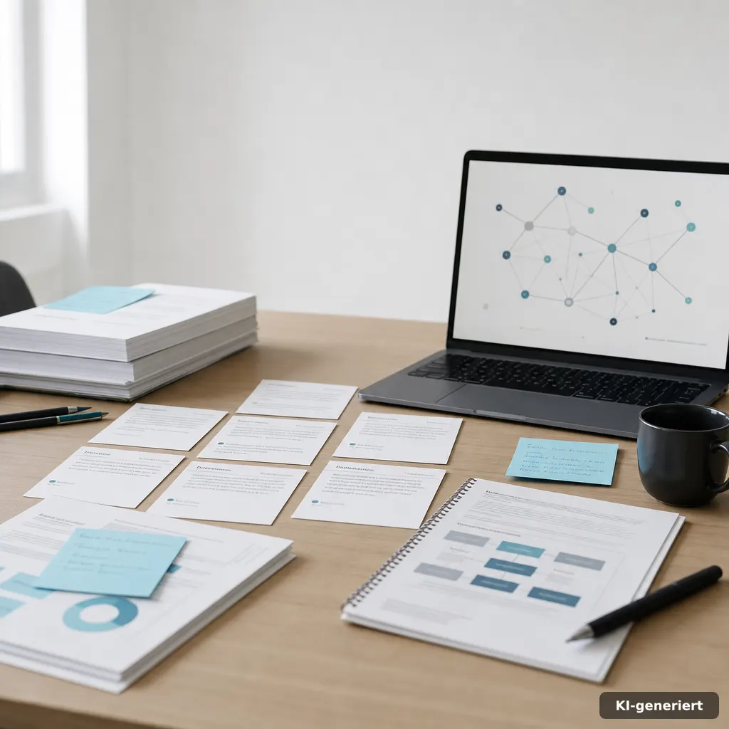 Redaktionstisch mit Notizen zu Quellen und einem Laptop mit abstrakter Quellen-Graphik (ChatGPT Zitate nach GPT-5.5 ändern)