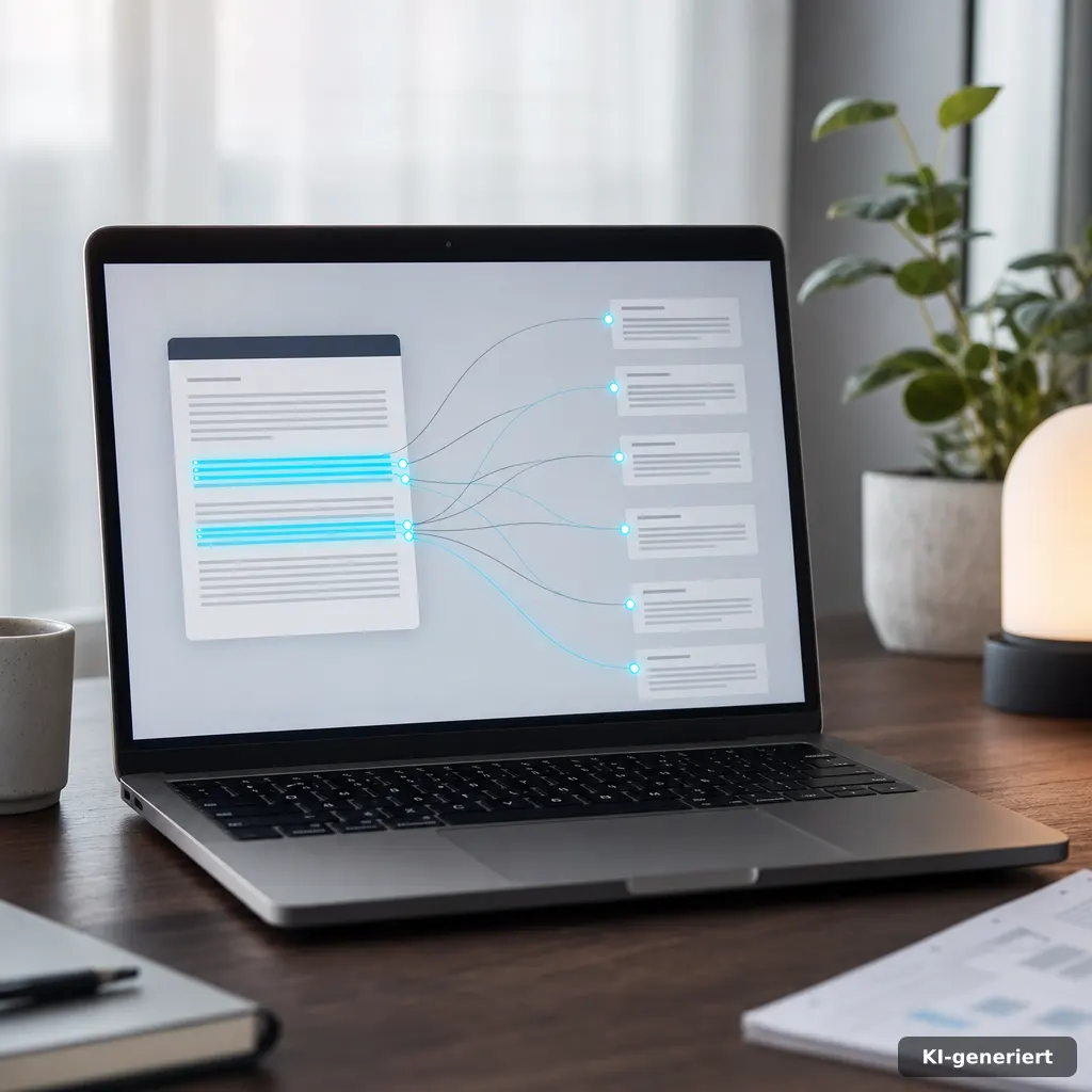 Laptop mit abstrakten Zitier-Beziehungen zwischen Artikelabschnitten (Search Generative Experience)