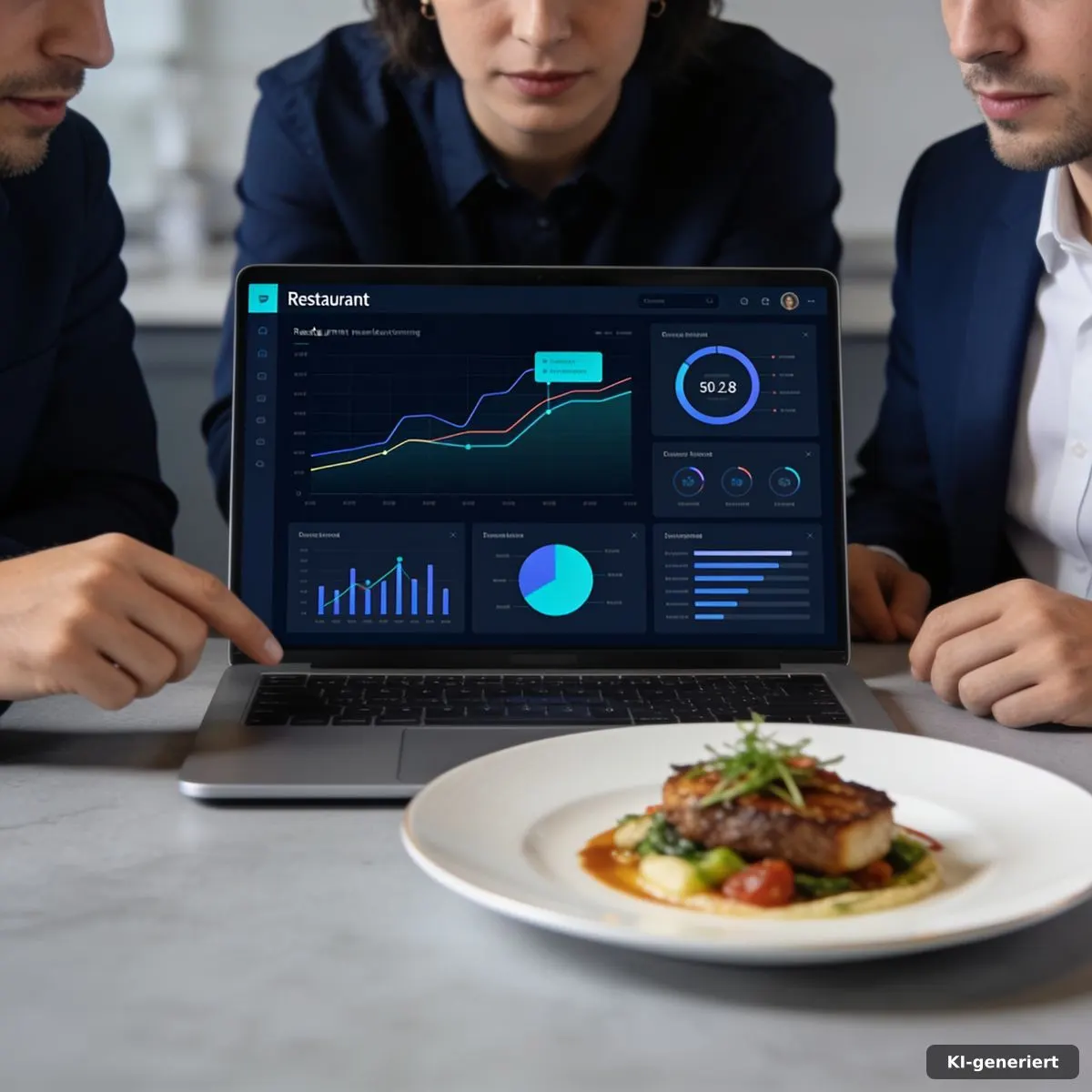Marketingteam prüft Content-Daten neben einem angerichteten Gericht