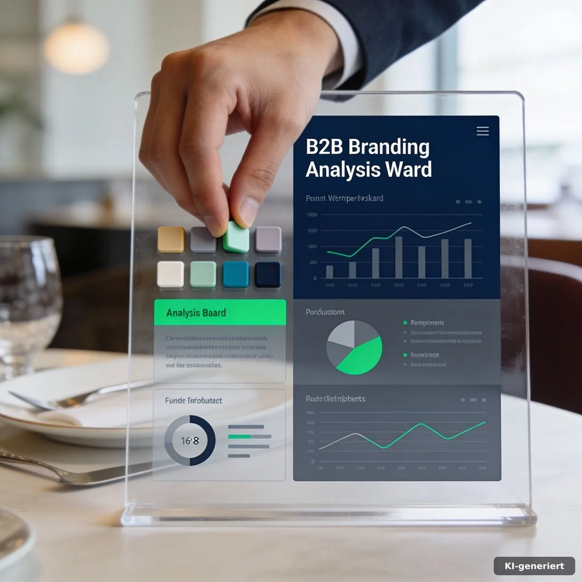 Auswertung eines Restaurant-Dashboards neben einer gedeckten Tafel