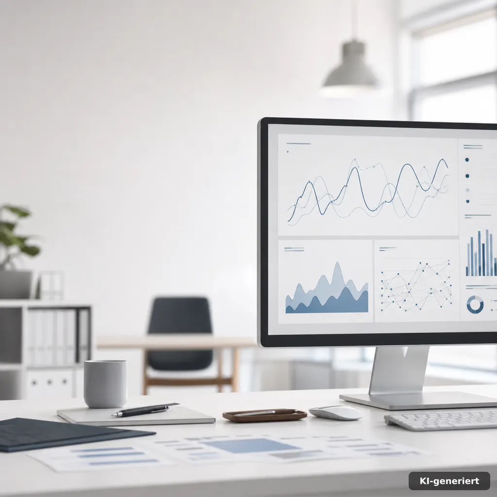 dashboard screen with fluctuating website traffic lines, clean editorial office setting, soft neutral light, 85mm lens,
