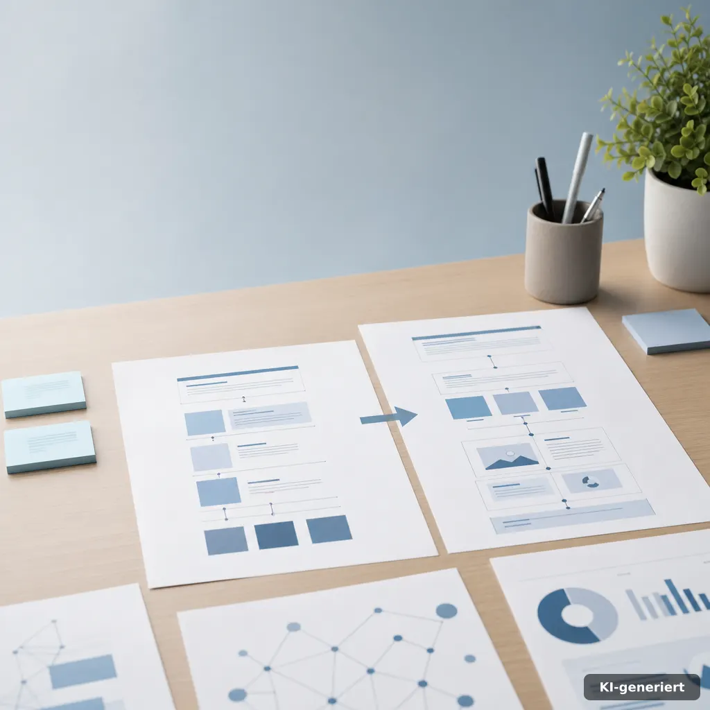editorial comparison of before-after content outlines on a desk, sticky notes and printouts without readable text, soft