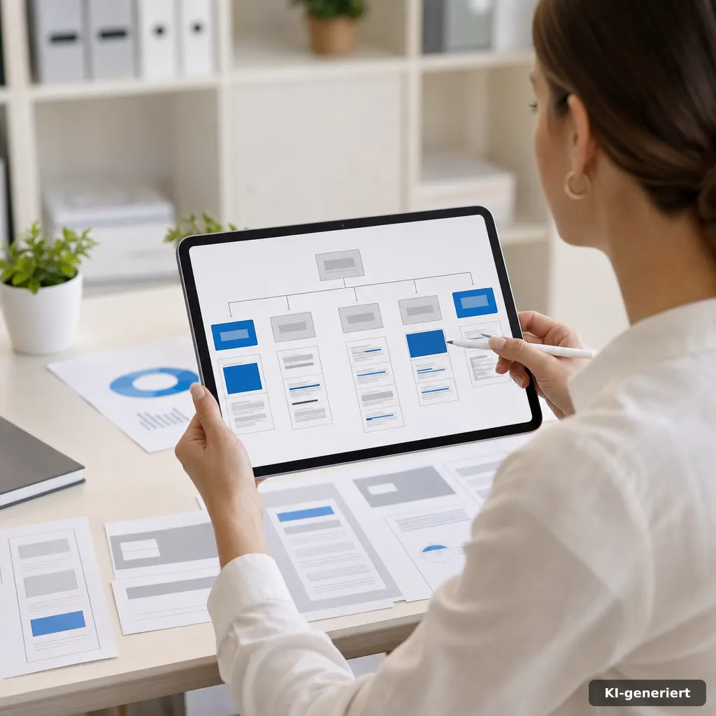 editorial photo of a content manager reviewing a website sitemap and link structure on a tablet with highlighted blocks,
