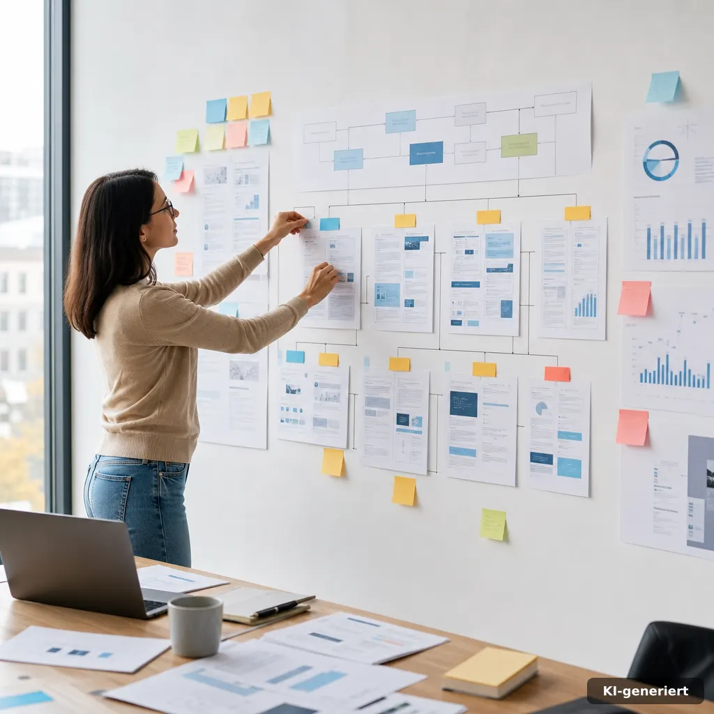photograph of a marketing strategist pinning a content-and-navigation plan on a wall map, sticky notes connecting websit