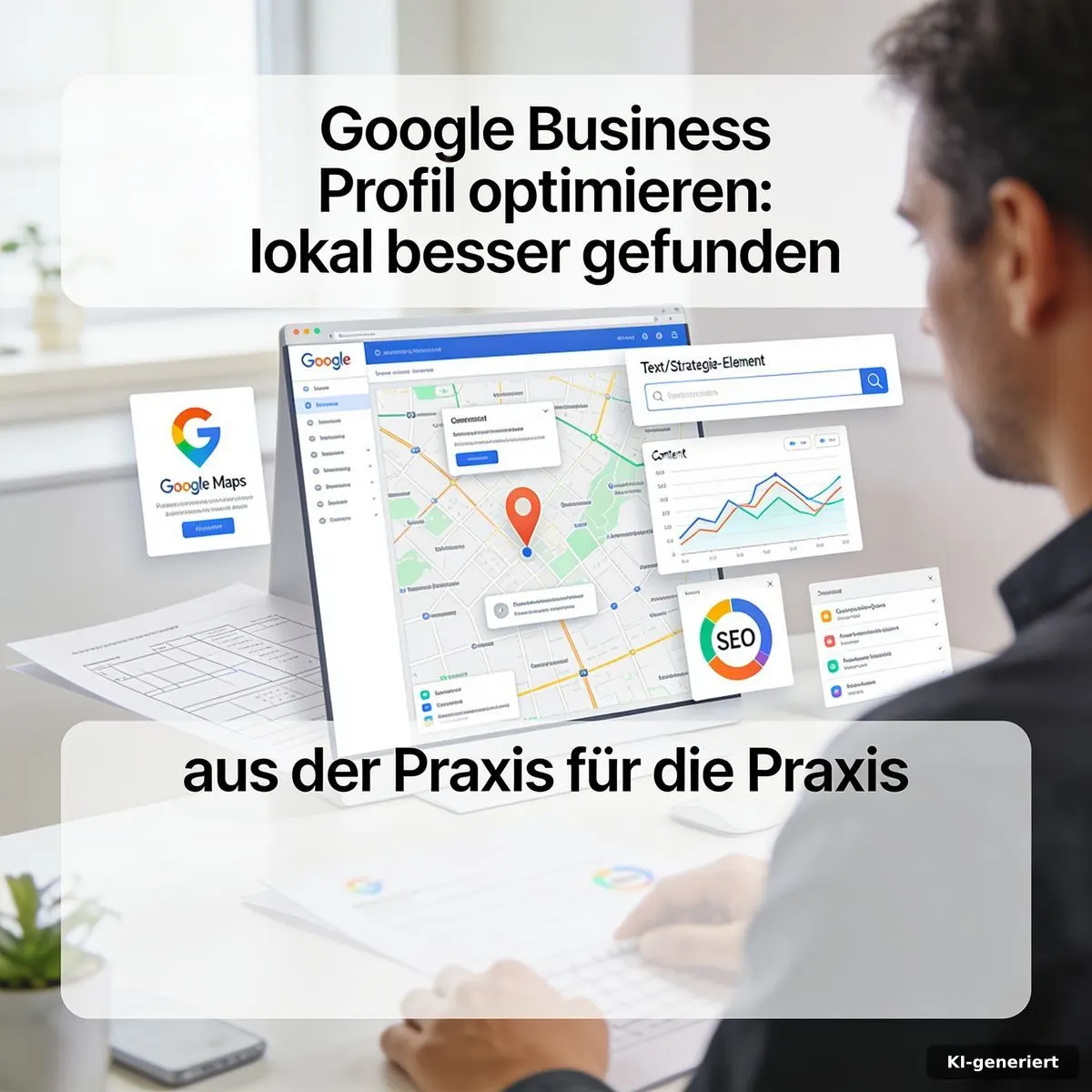 Google Business Profil auf einem Bildschirm mit abstrakter Kartenansicht, Standortmarkern und strukturierten Unternehmensdaten