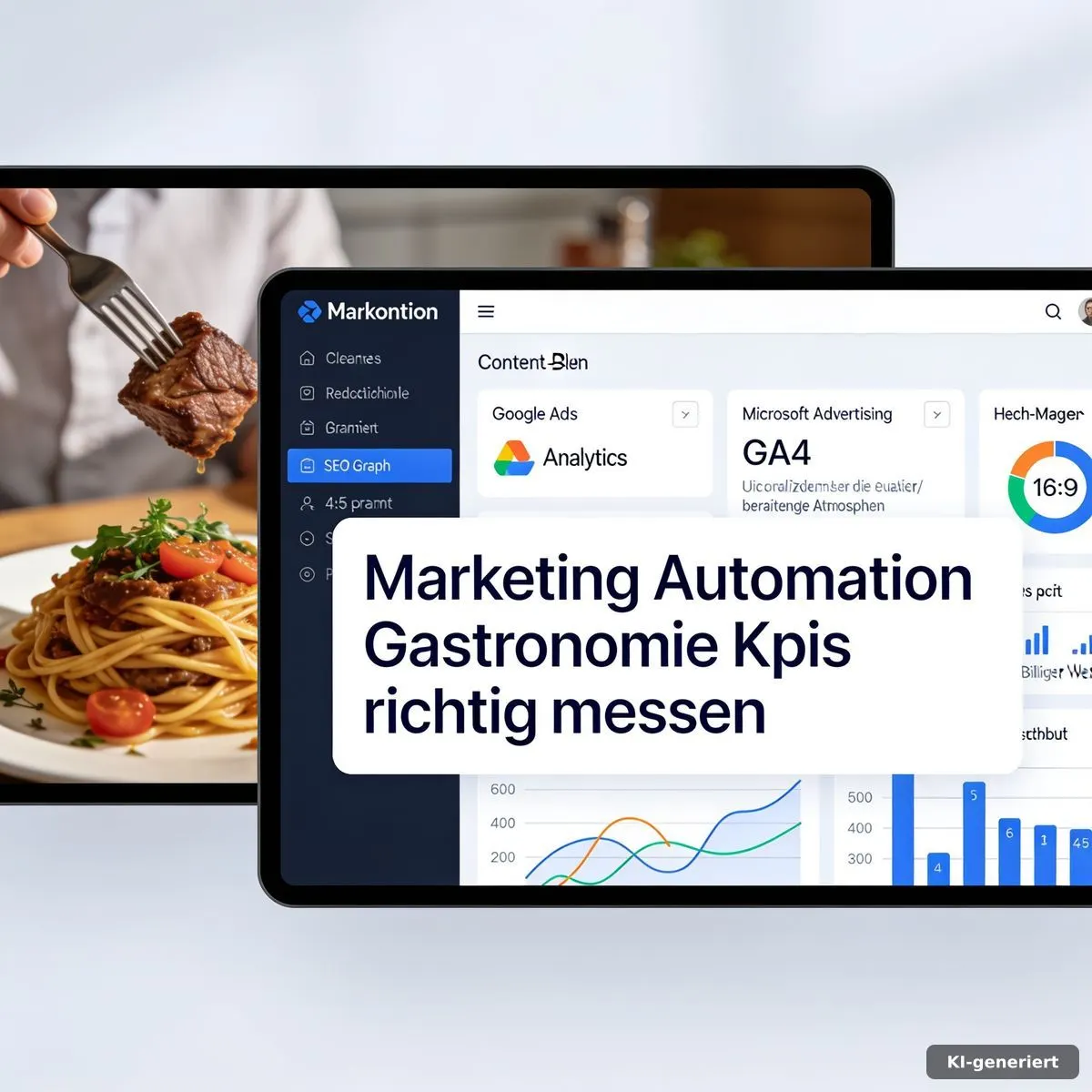 Restaurantleitung prüft Marketing Automation Gastronomie KPIs auf einem Tablet neben einem Reservierungsbuch