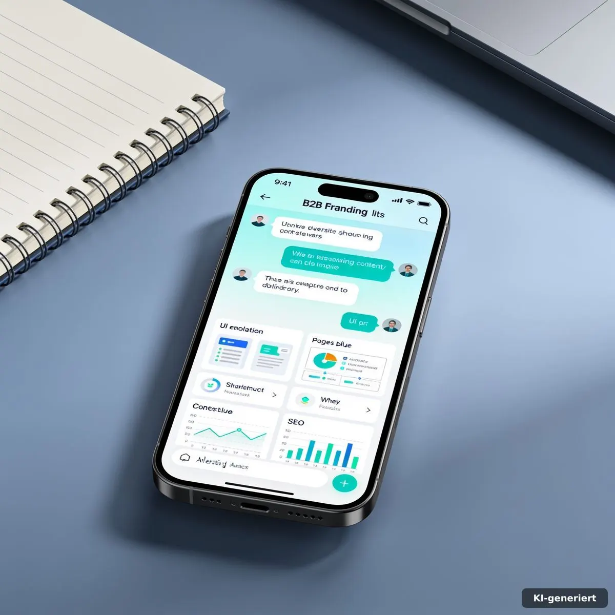 Smartphone mit abstrakter Chat-Oberfläche und Notizbuch auf einem sachlichen Schreibtisch