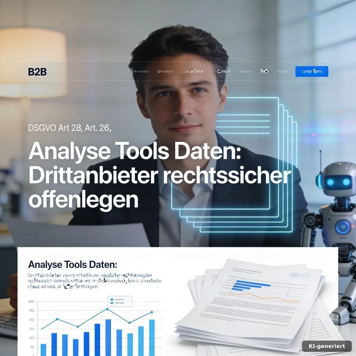 Analyse Tools Daten auf Laptop, Prüfliste und Dokumentenmappe für transparente Drittanbieter-Angaben