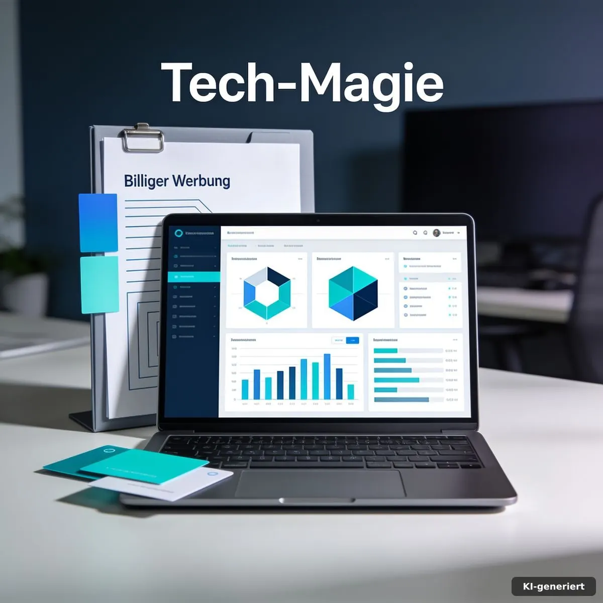 Laptop mit abstrakter Analyseoberfläche, Dokumentenmappe und farbigen Prüfkarten