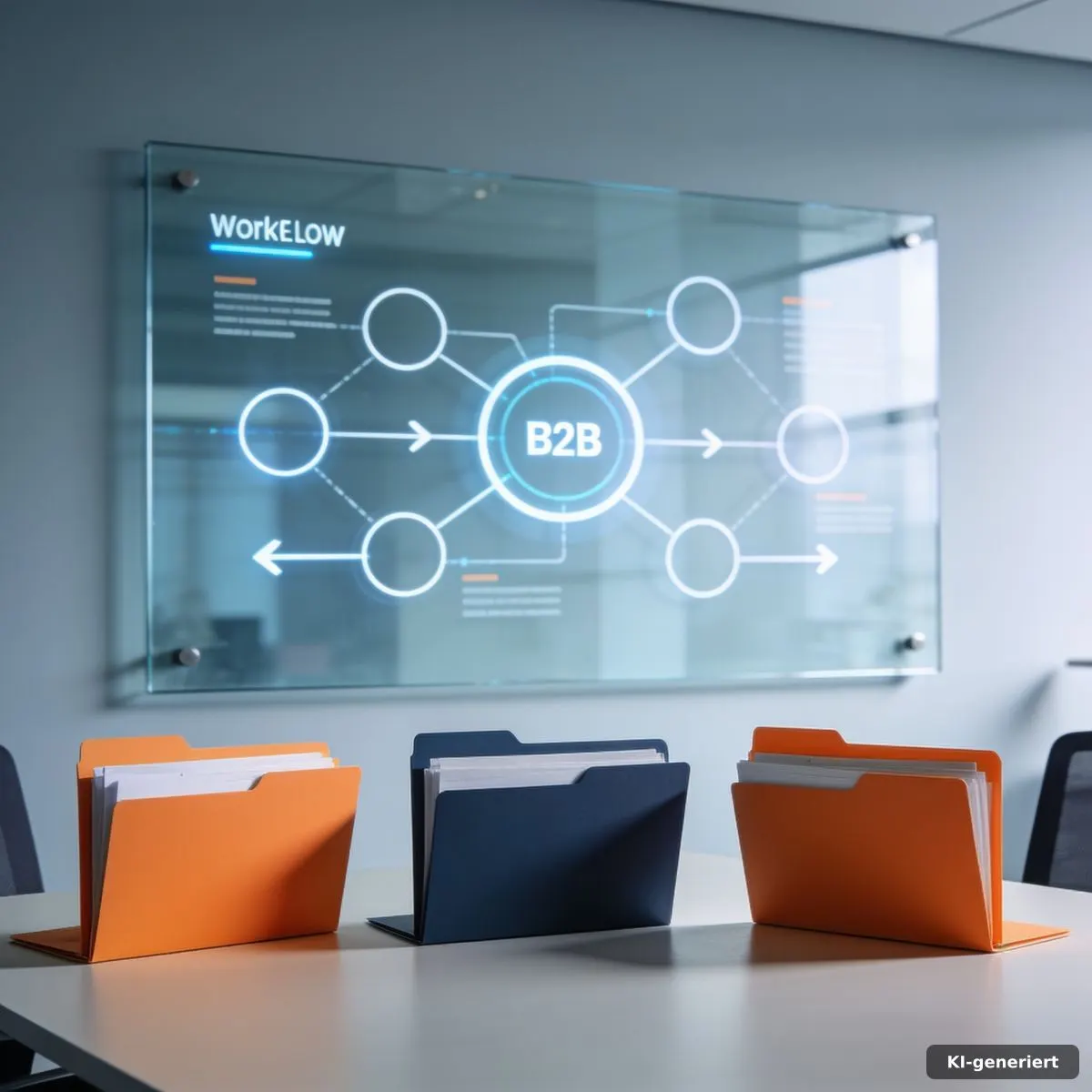 Datenschutz-Workflow mit Glasboard, verbundenen Prozesspunkten und farbigen Ordnern