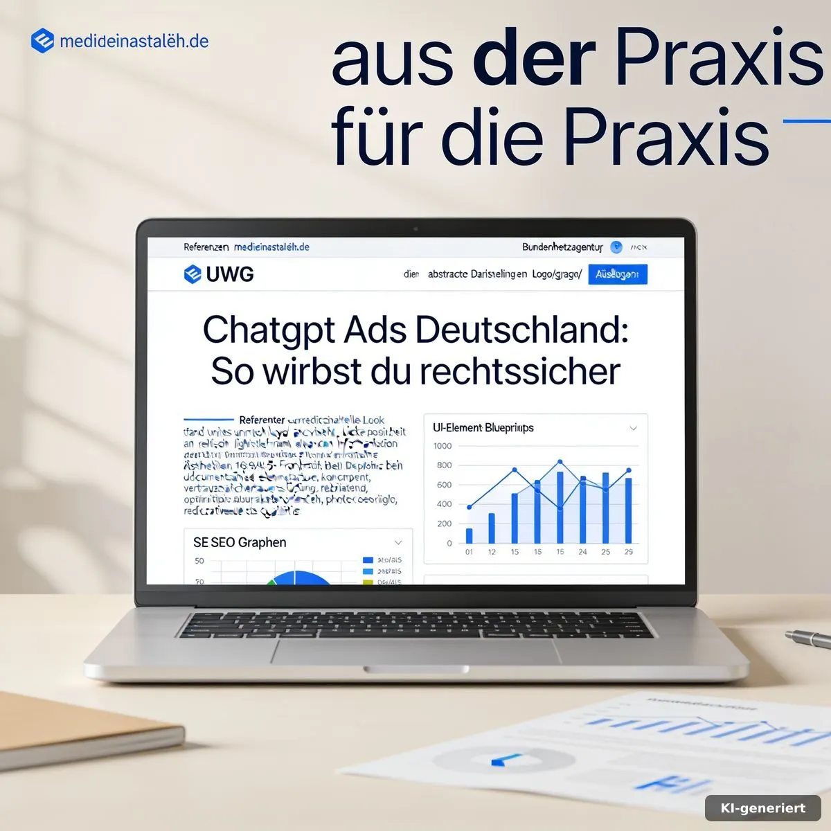 ChatGPT Ads Deutschland: Laptop, Smartphone und Kampagnenplan zeigen eine sauber vorbereitete Werbestrategie.