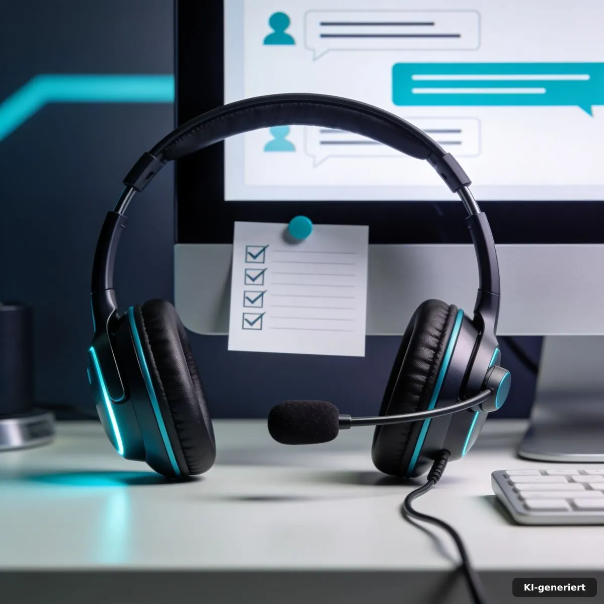 Arbeitsplatz für automatisierte Kundenkommunikation mit Headset und abstraktem Dialog