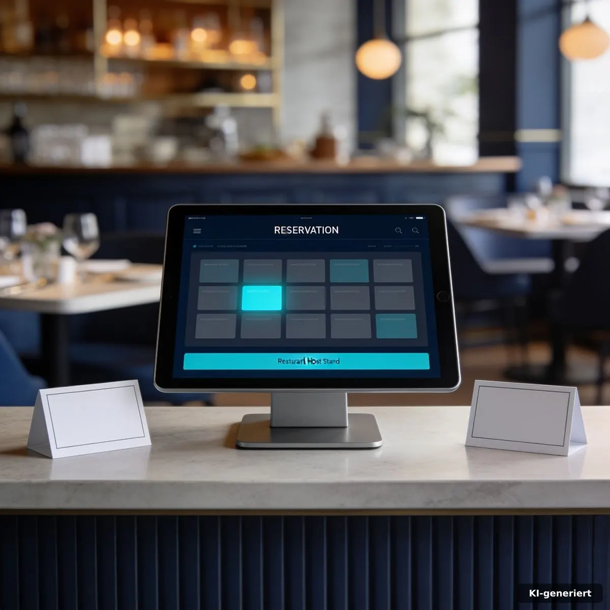 Empfangstresen eines Restaurants mit digitalem Reservierungsgerät und gedecktem Gastraum