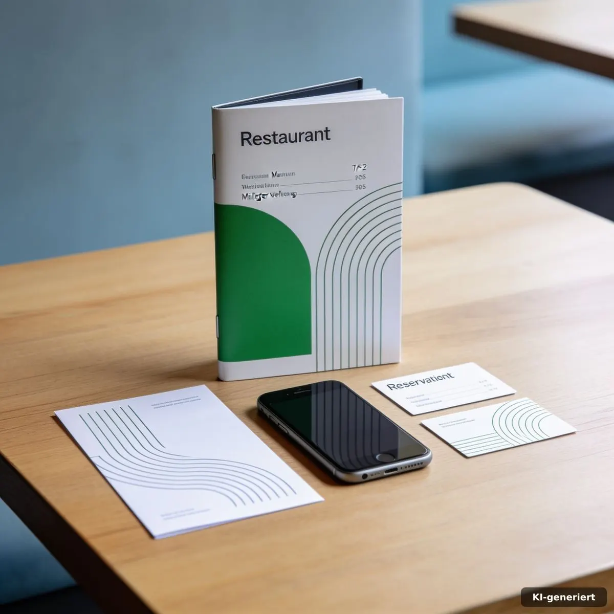 Speisekartenmappe, Smartphone und Reservierungskarten auf einem Restauranttisch