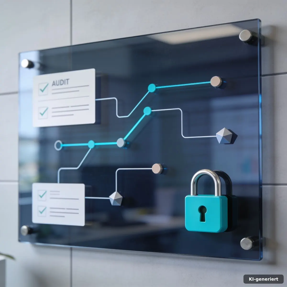 Audit-Trail mit Freigabepunkten und Sicherheitsmarkierung auf einem Glasboard