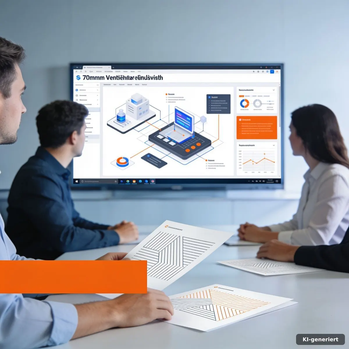 Team prüft einen agentischen Workflow auf einem großen Monitor
