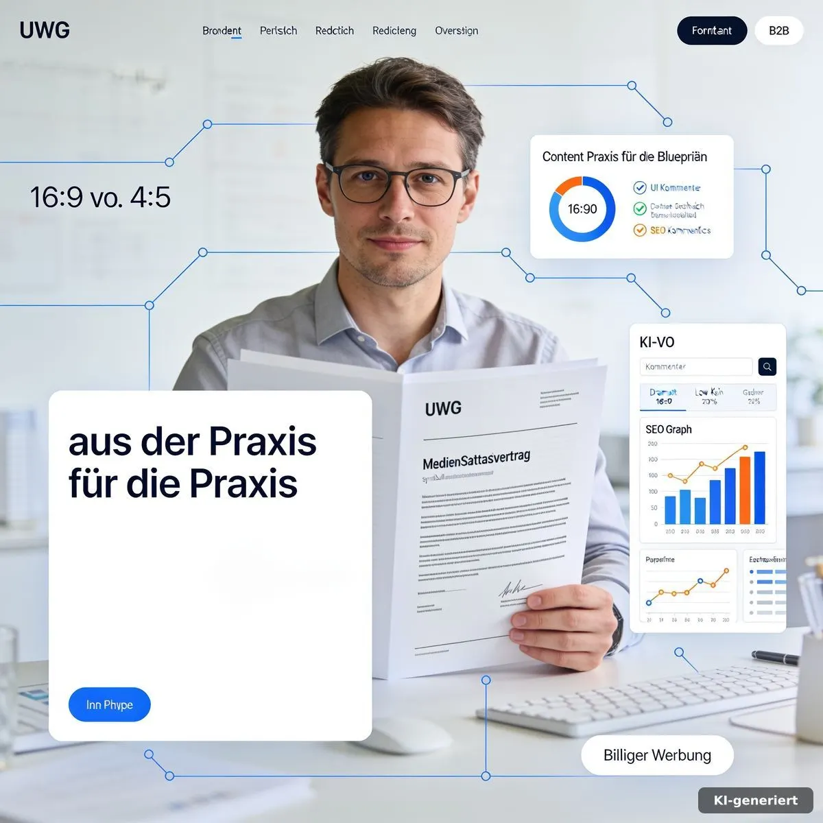 KI Werbung Vertrauen: Redaktion prüft transparentes Kampagnenmotiv auf Bildschirm und Papier im blauen Corporate-Look