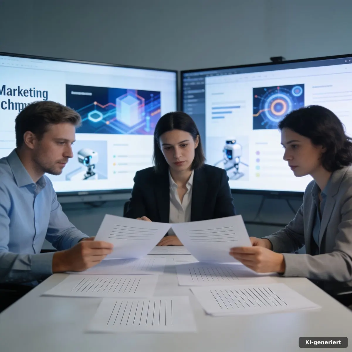 Marketingteam prüft KI-generierte Kampagnenmotive auf Bildschirmen