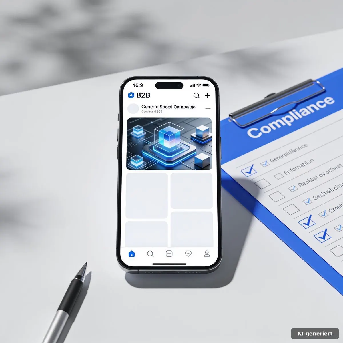 Smartphone mit transparenter Social-Media-Kampagne und Prüfliste