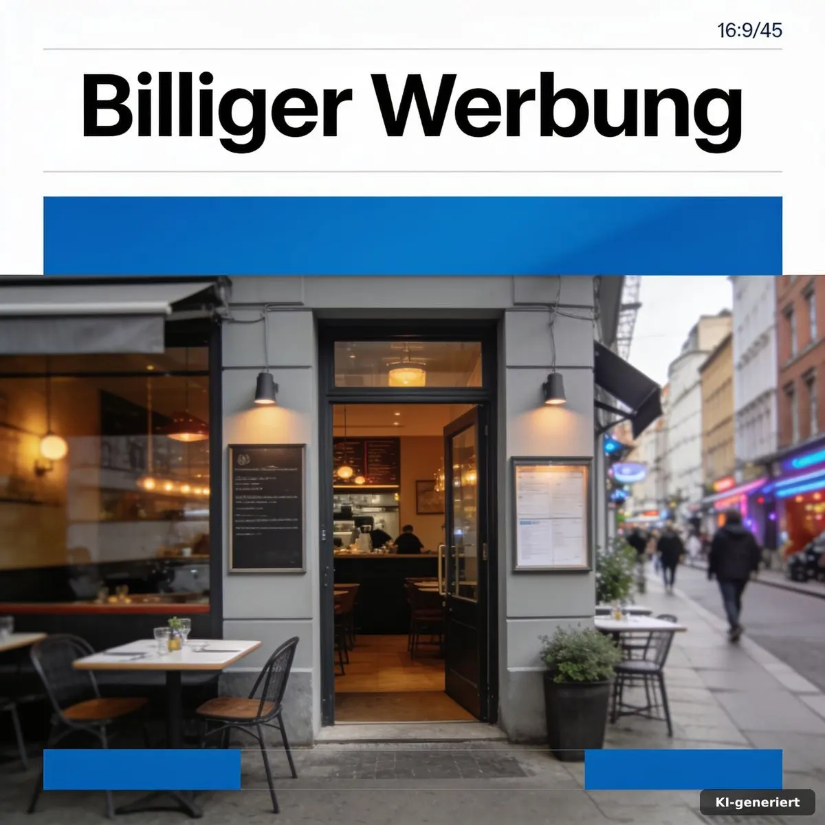 Restaurant-Eingang in einer belebten Straße mit Außenbereich