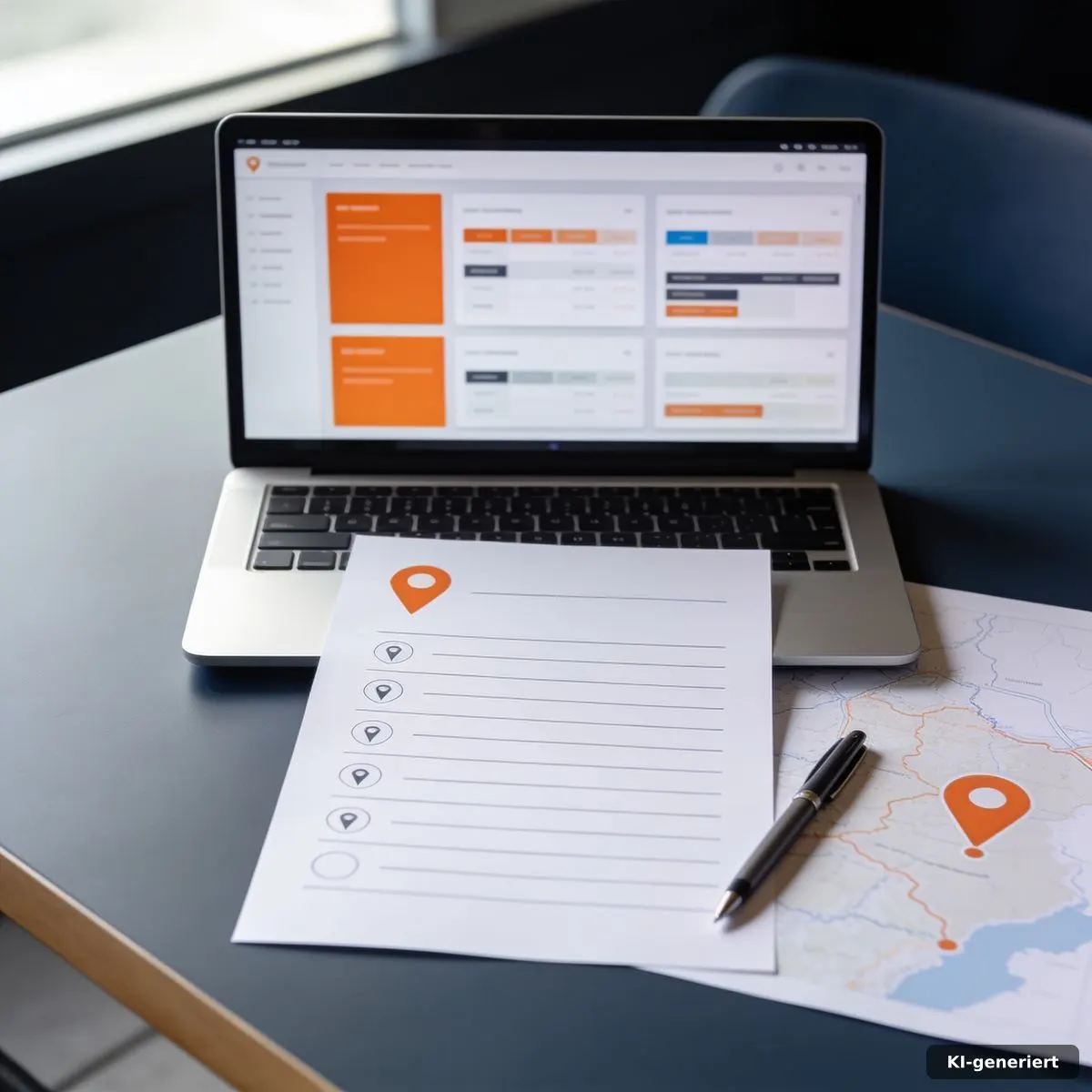 Redaktioneller Arbeitsplatz mit Website-Prüfung und Standort-Checkliste