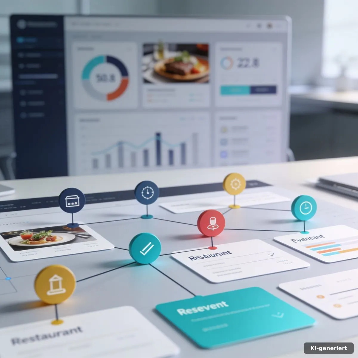Planungstisch mit KPI-Karten und verknüpften Marketing-Events in der Gastronomie