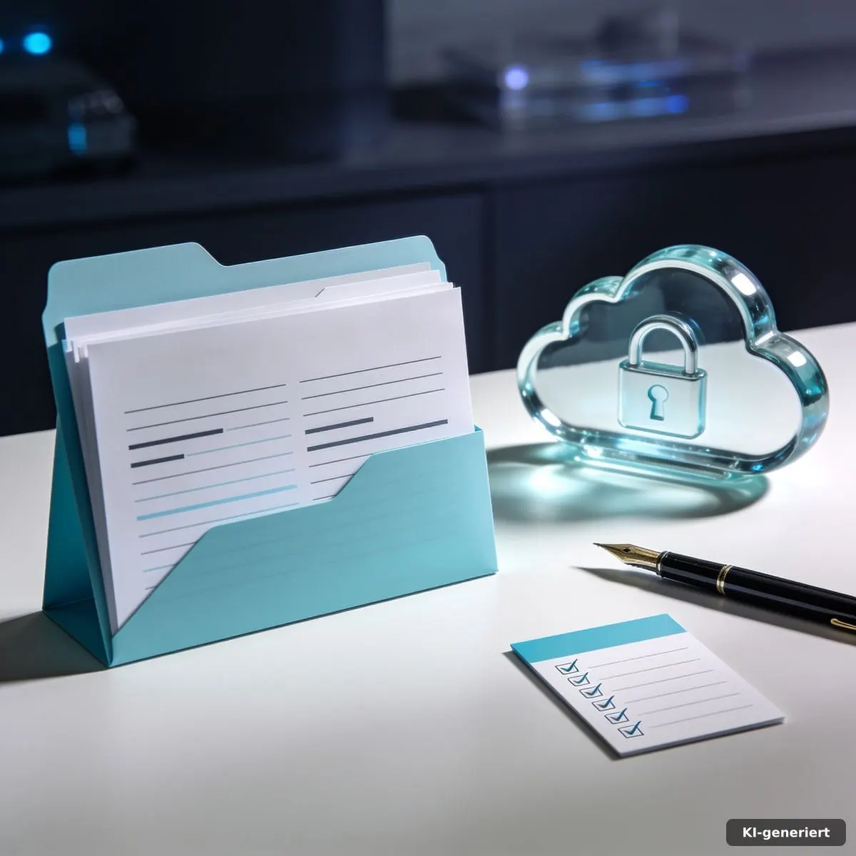 Vertragsunterlagen und abstrakte Cloud-Darstellung auf einem Schreibtisch