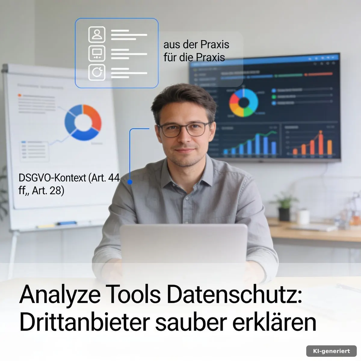 Analyze Tools Datenschutz: Laptop mit Analyse-Dashboard, Datenflusskarten und Unterlagen zur Drittanbieterprüfung